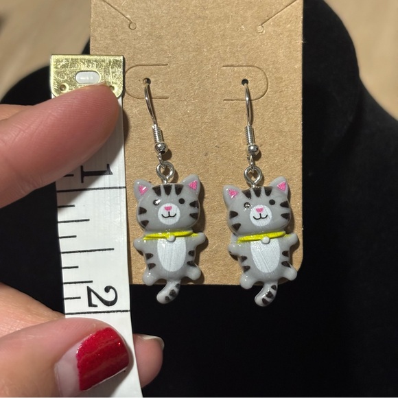 Cute Resin Grey Tabby Cat Dangle Tail, Hook Earrings - Super Cute Kitty Earring - Picture 7 of 7